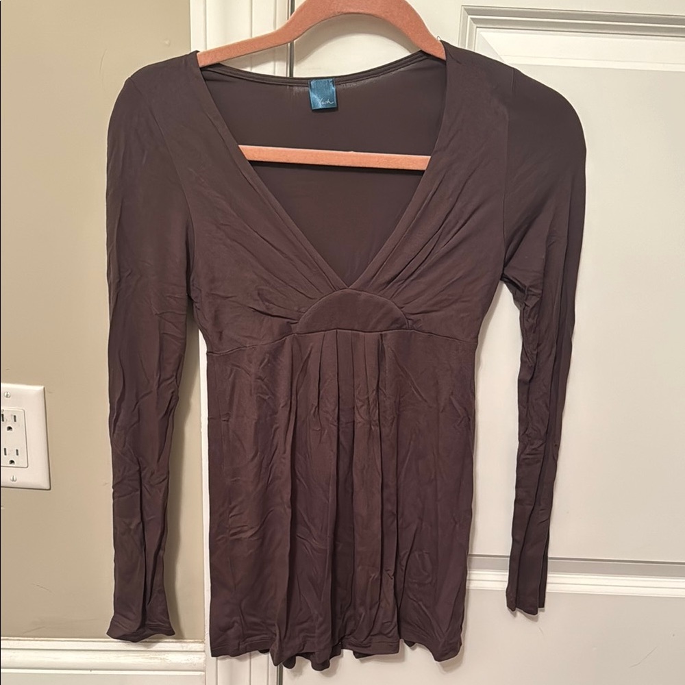 Lush Brown Fitted Pleated Long Sleeve Blouse